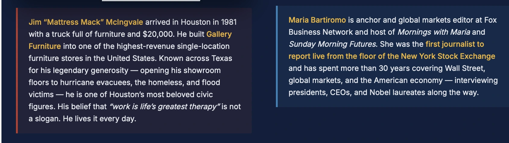 Jim McIngvale and Maria Bartiromo biographical profiles — two American success stories built on work ethic and character