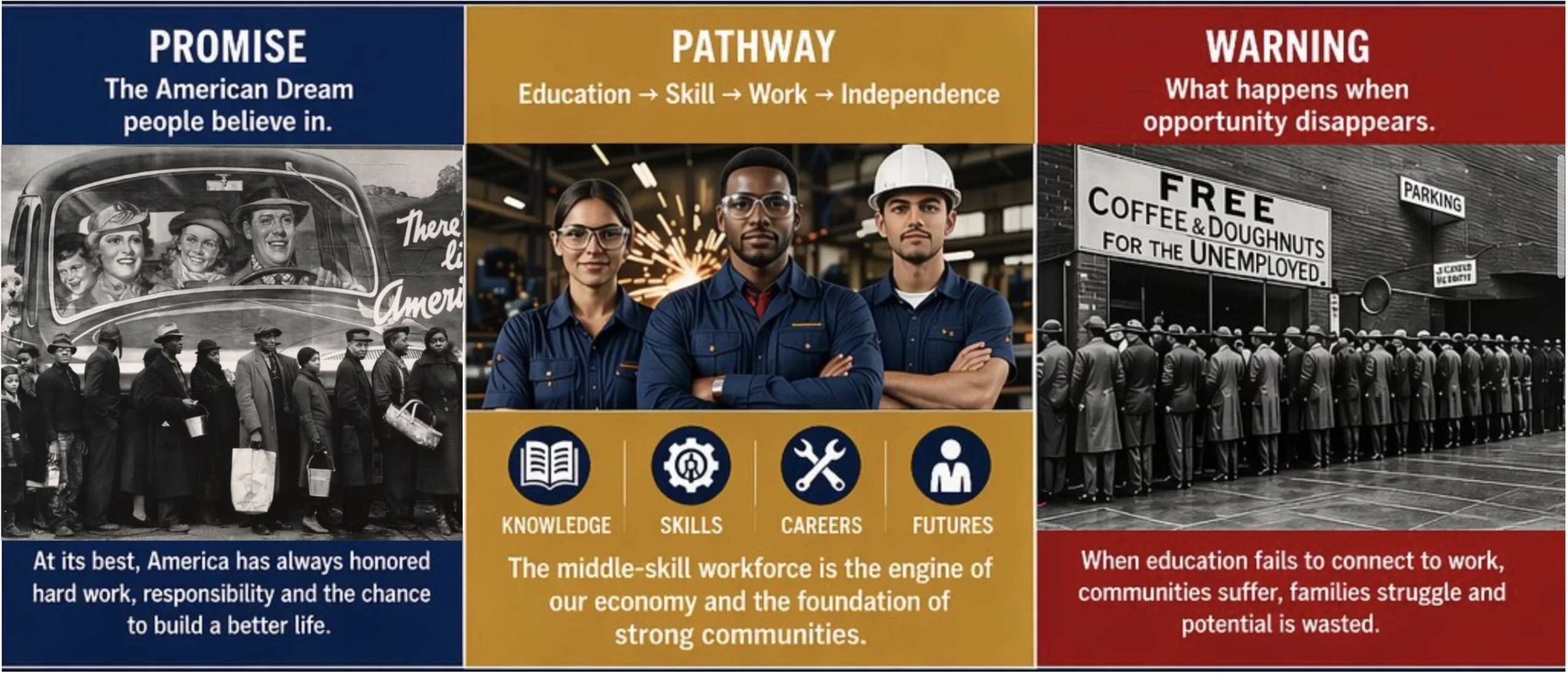 The American Dream — Promise Pathway Warning — Education to Skill to Work to Independence — the middle-skill workforce is the engine of our economy